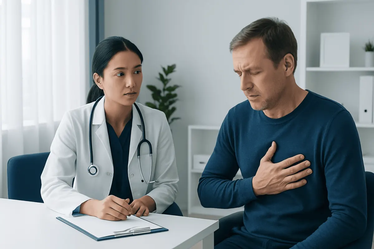 Doctor consulting with a male patient experiencing chest discomfort.