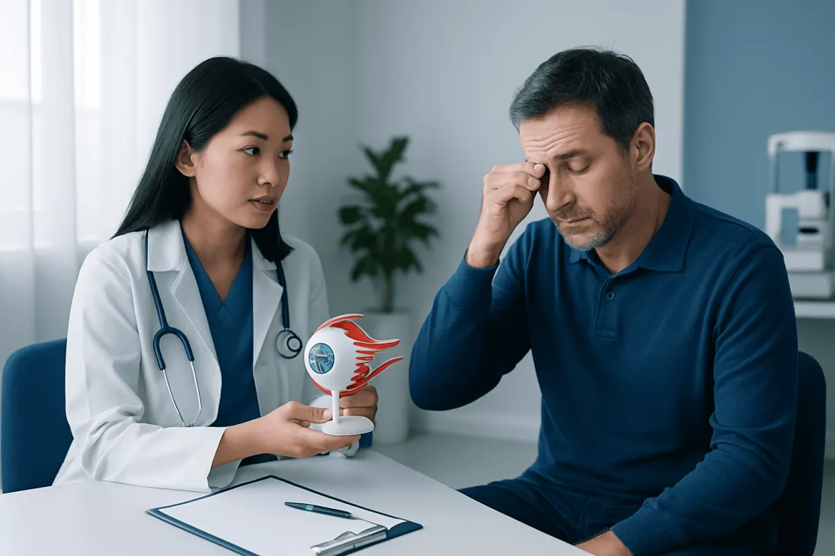 Doctor explaining eye muscle anatomy to patient in consultation room.