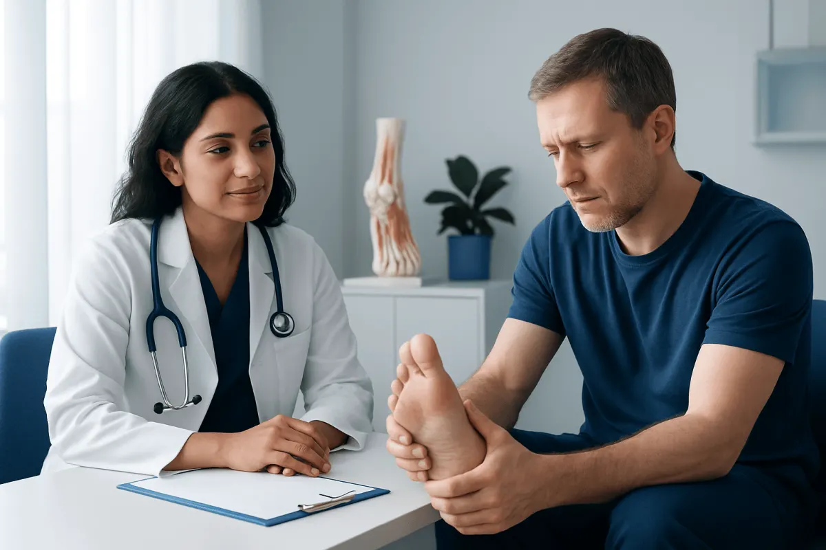 Doctor examining patient's foot for tendons and injuries.
