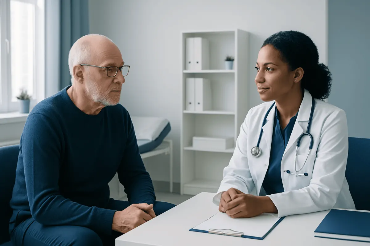 Doctor consulting with an elderly male patient in a medical office.