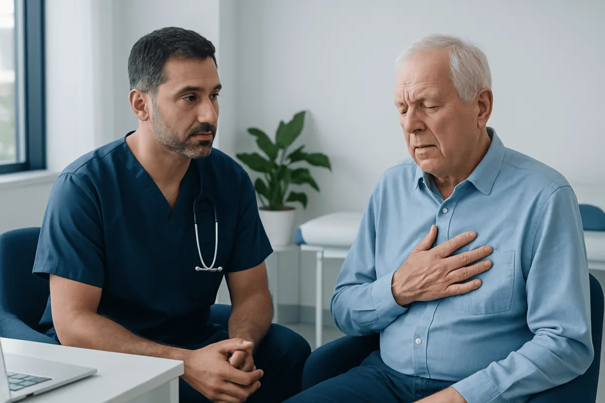 Doctor consulting an elderly man with chest pain in a medical office.