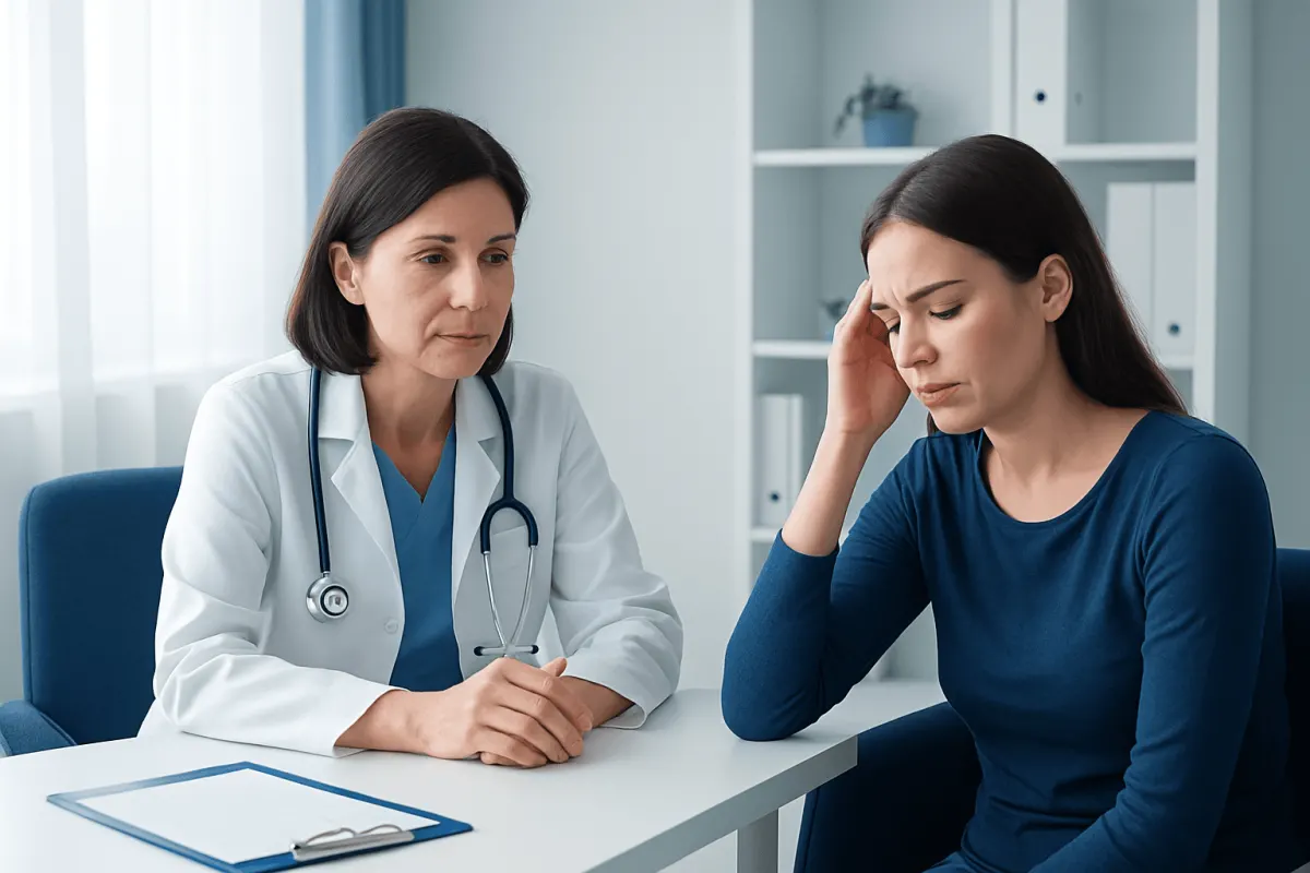 Doctor consulting with a patient about health concerns in a medical office.