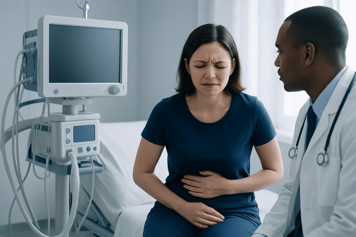 Woman experiencing stomach pain during medical consultation at hospital.