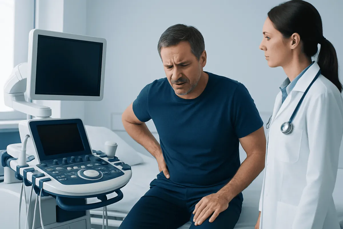 Man experiencing kidney pain during medical examination at hospital.