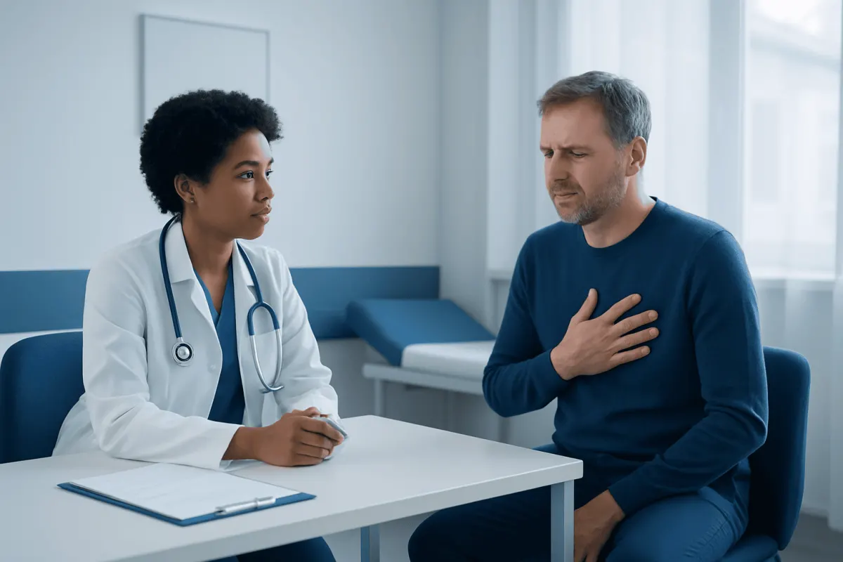 Doctor consulting with a patient about health concerns in a medical office.