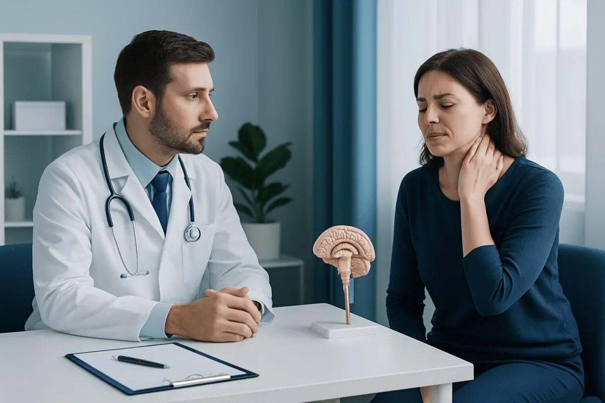 Doctor explaining brain health to patient with brain model in clinic.