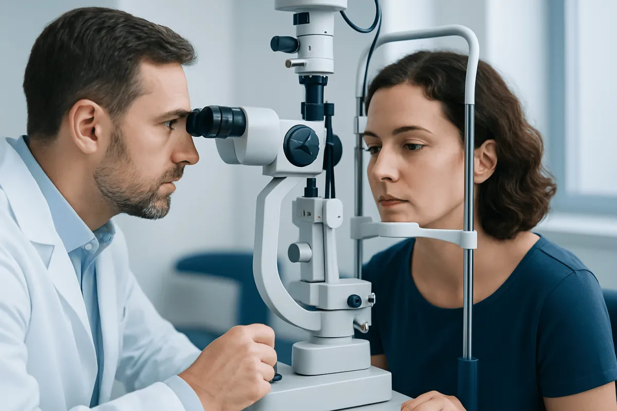 Ophthalmologist examining patient's eye with slit lamp microscope.