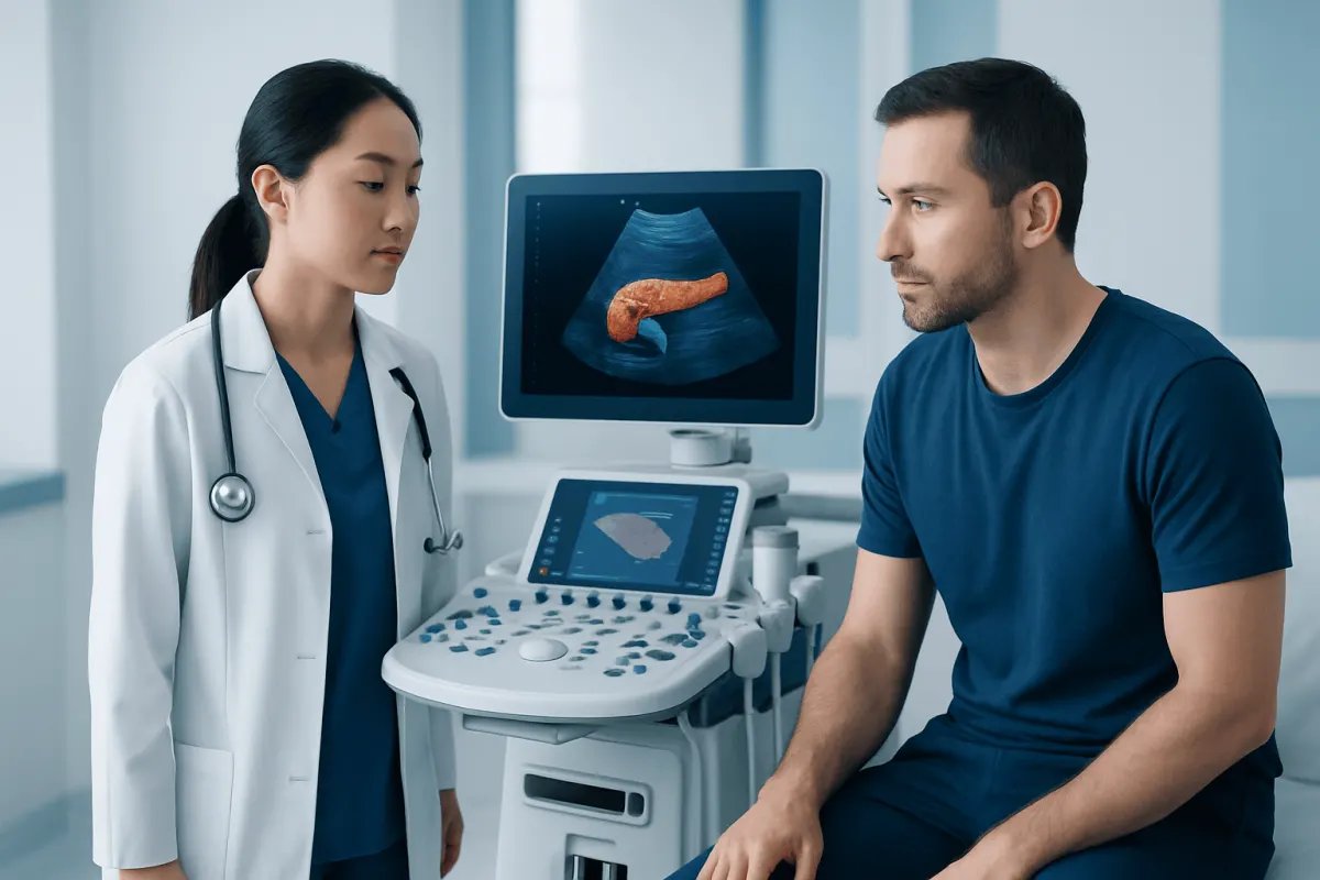 Doctor explaining pancreas ultrasound to patient in hospital setting.