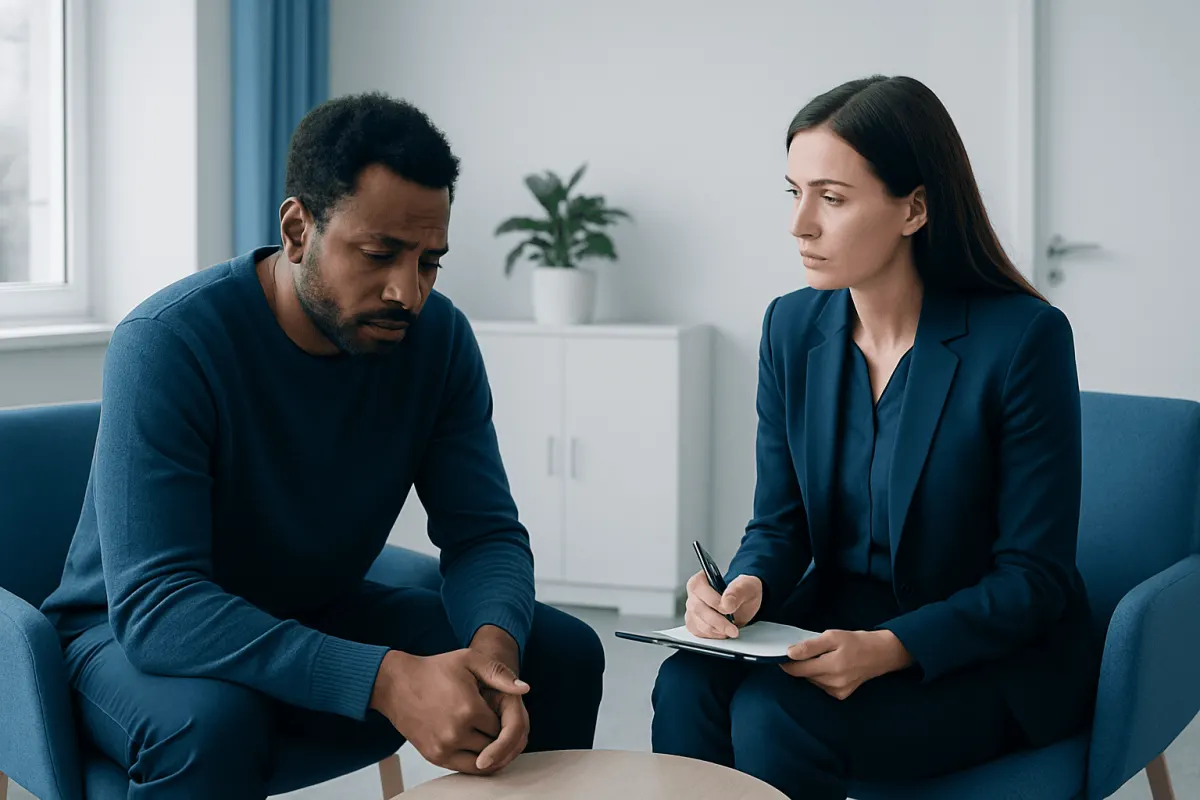 Therapist and patient in a counseling session discussing mental health.