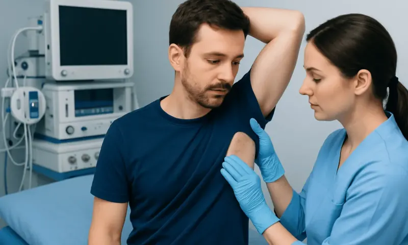Doctor examining a man's armpit for skin issues in a clinical setting.