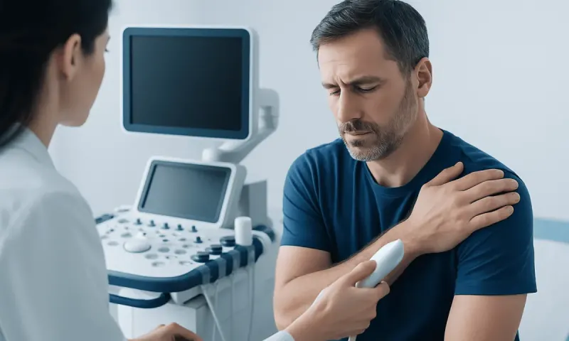 Doctor examines shoulder pain in a patient using ultrasound imaging.