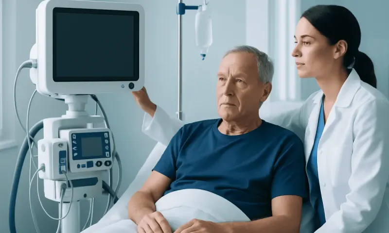 Doctor monitoring patient with medical equipment in hospital room.