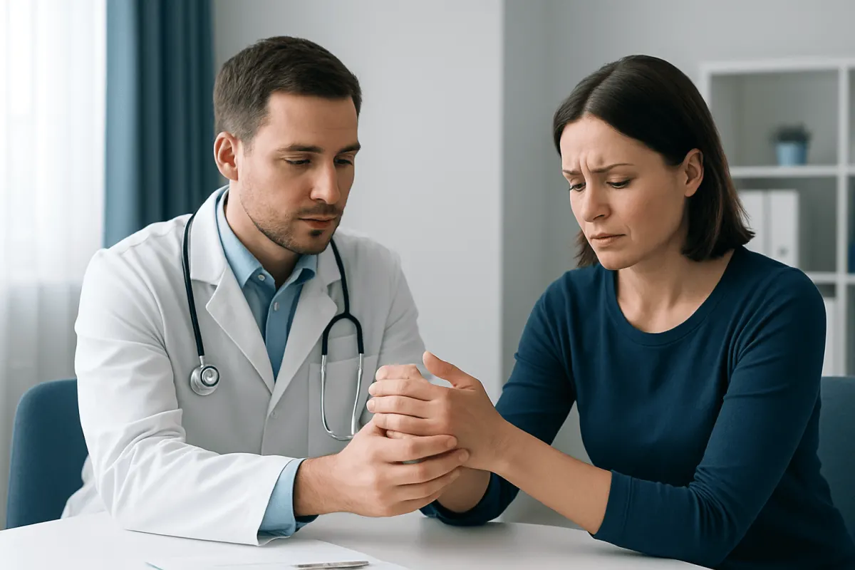 Doctor examining patient's wrist for pain or injury.