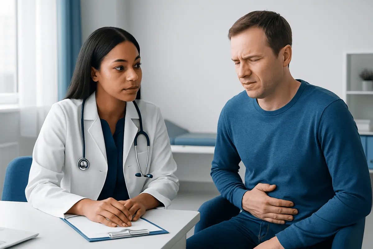 Doctor consulting with patient about stomach pain in clinic.