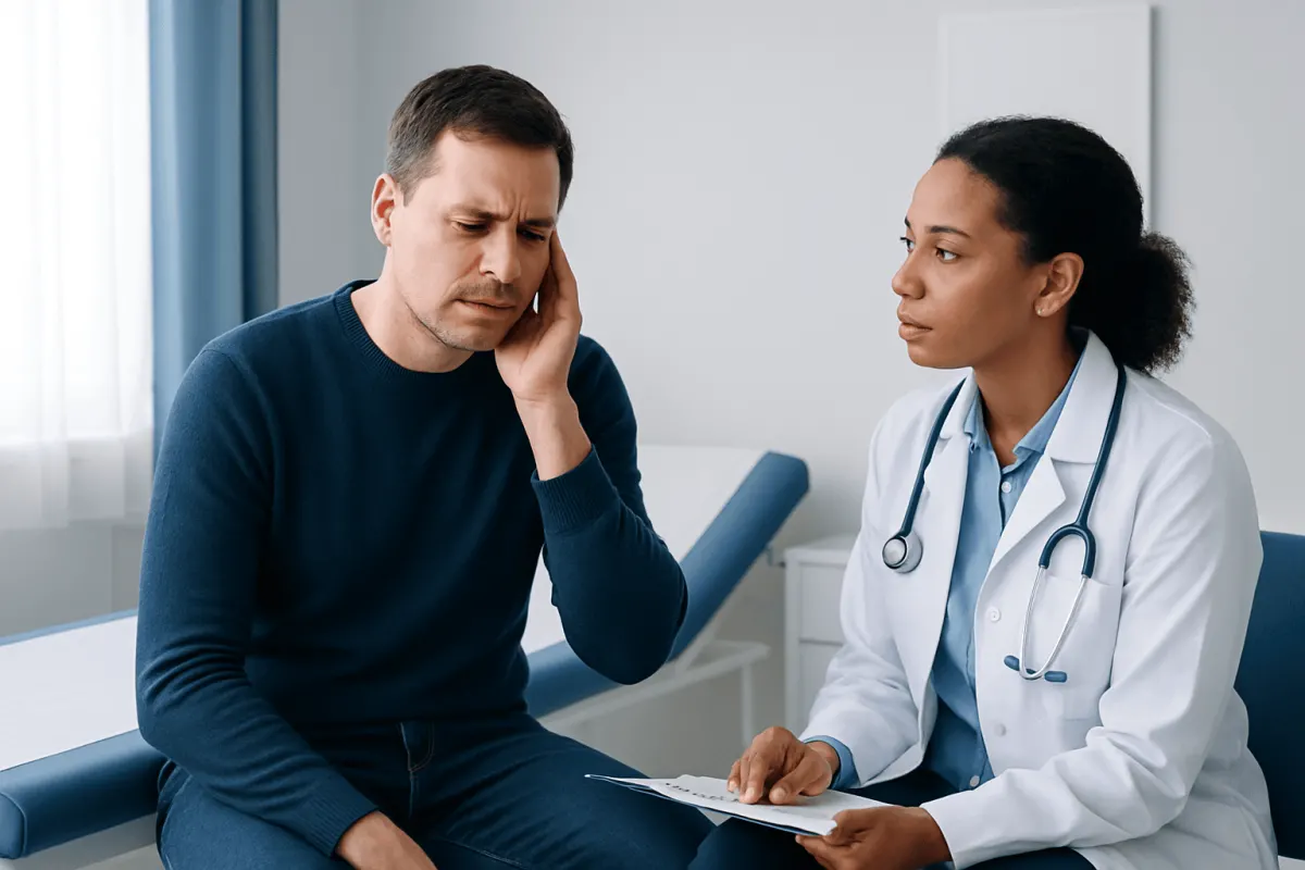 Patient experiencing ear pain during consultation with doctor.