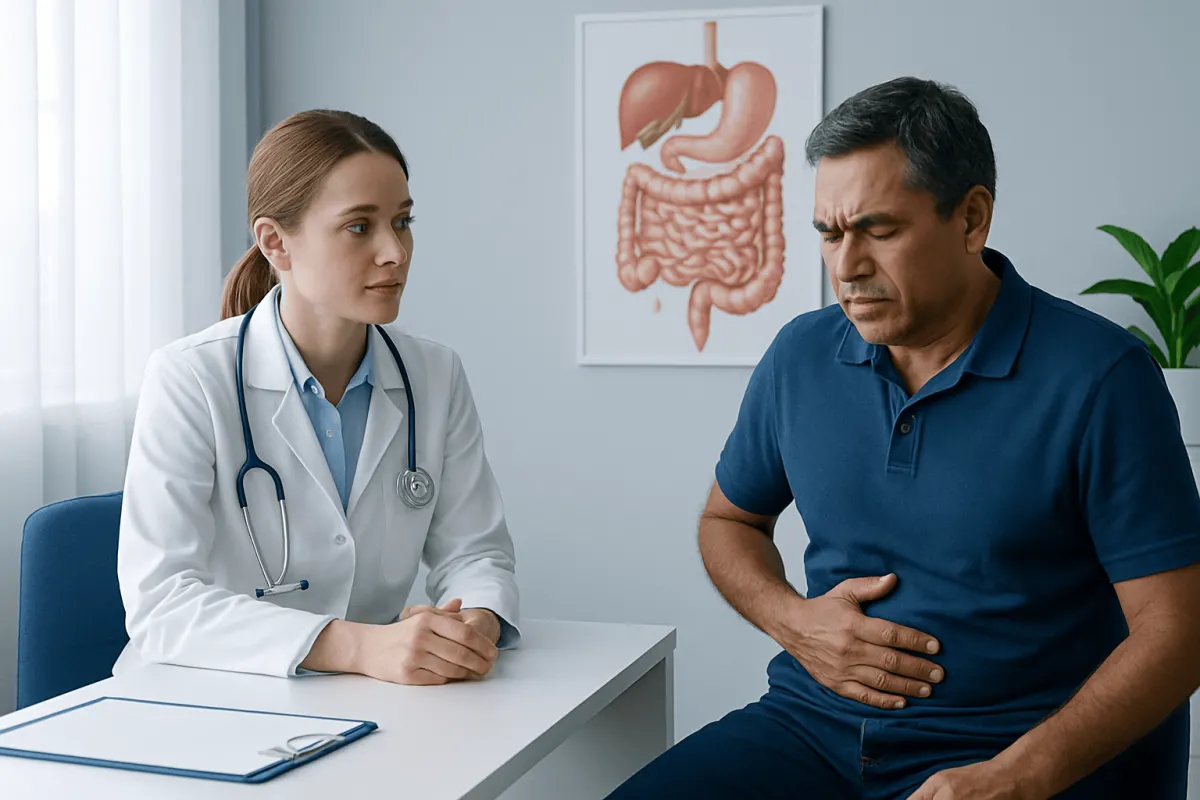 Doctor consulting male patient about abdominal pain in clinic.