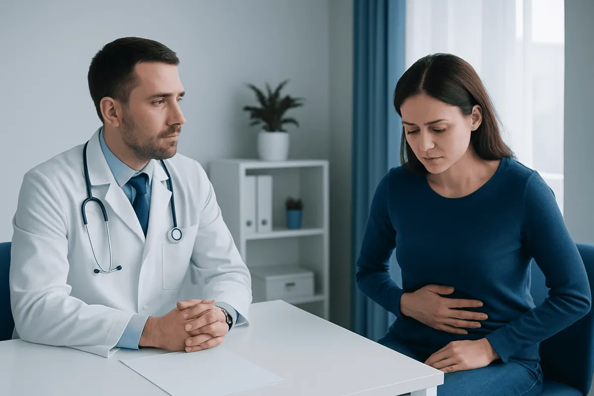 Doctor consulting with a patient about abdominal pain in a medical office.