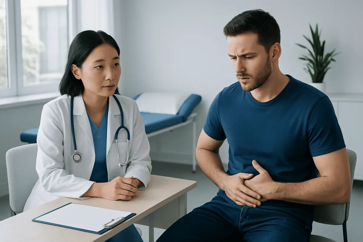 Doctor consulting male patient about health concerns in clinic setting.