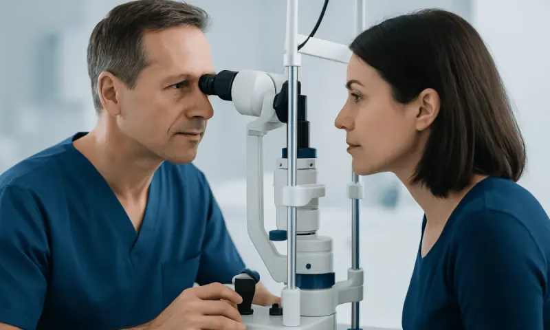 Ophthalmologist examining a patient's eye with a slit lamp.