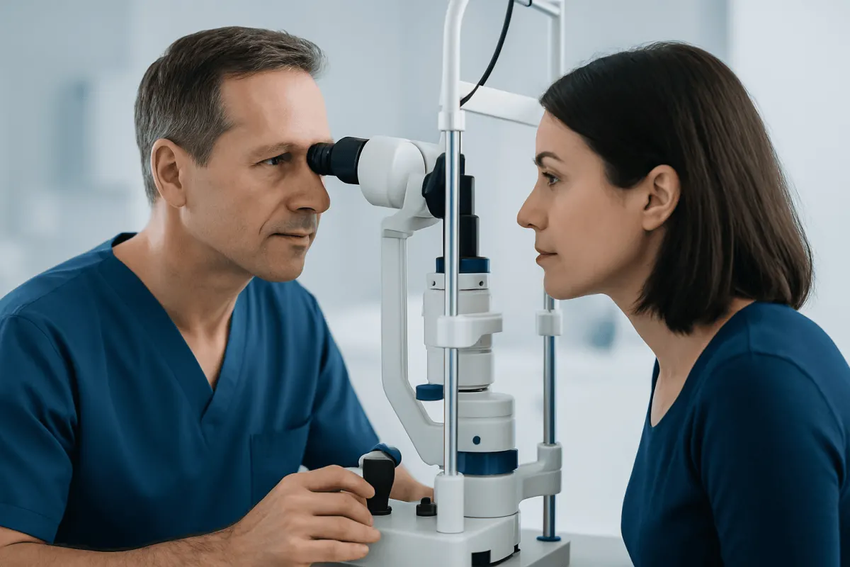 Ophthalmologist examining a patient's eye with a slit lamp.