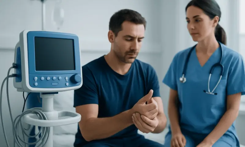 Doctor examining patient's wrist in a hospital setting.