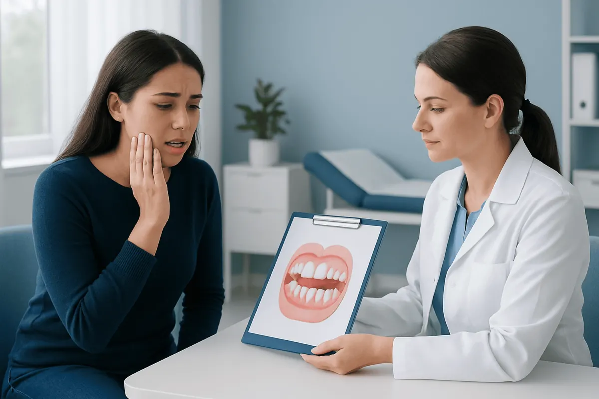Patient consulting with dentist about dental health and hypodontia.