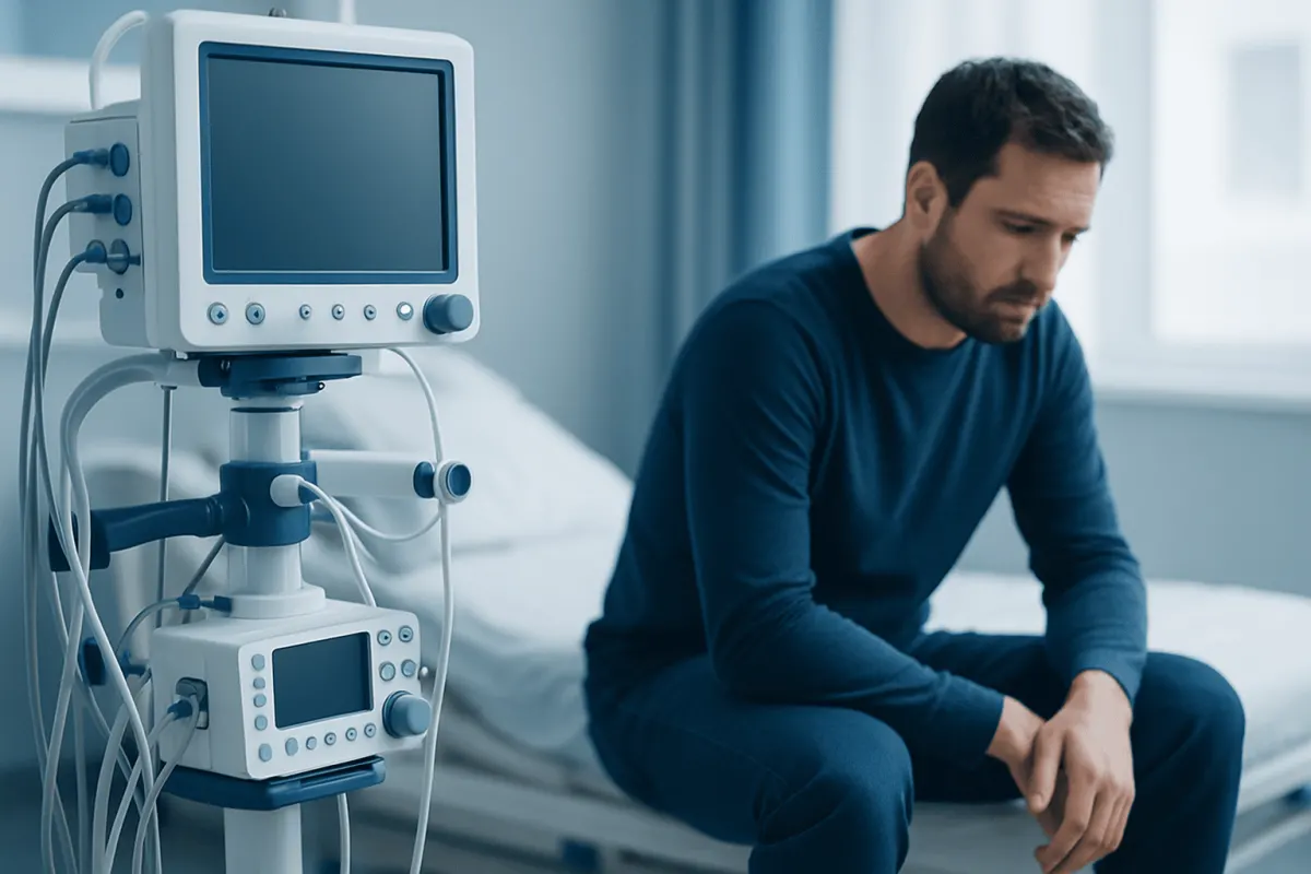 Man sitting on hospital bed looking worried with medical equipment nearby.