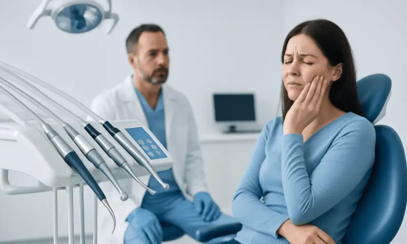 Woman experiencing tooth pain at dental clinic with dentist in background.