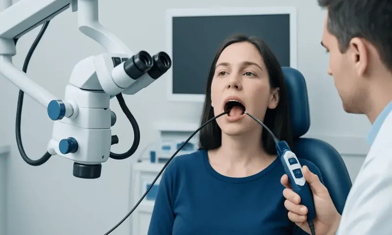 ENT doctor examines patient's throat with medical equipment in clinic.