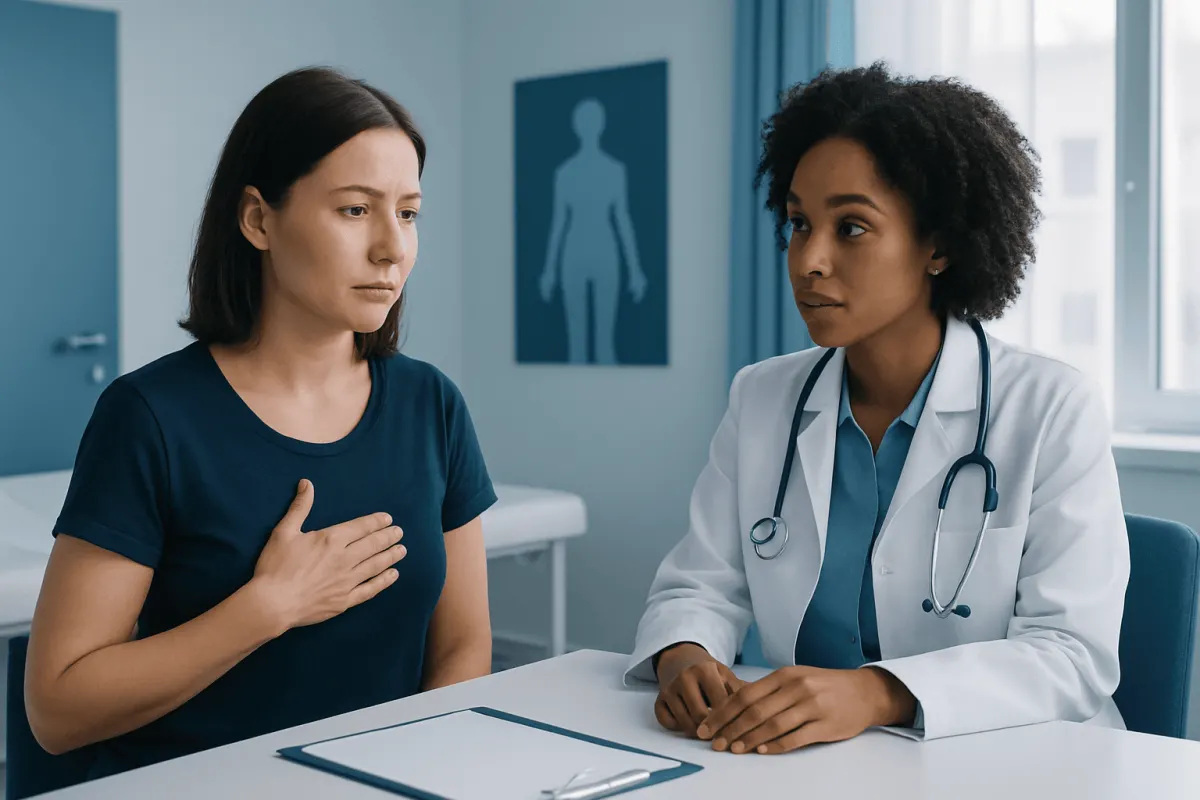 Doctor explaining breast cancer screening to patient in consultation room.