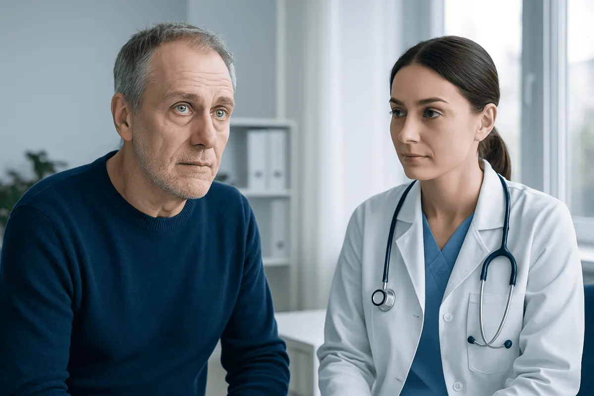 Doctor consulting with an older male patient in a medical office.