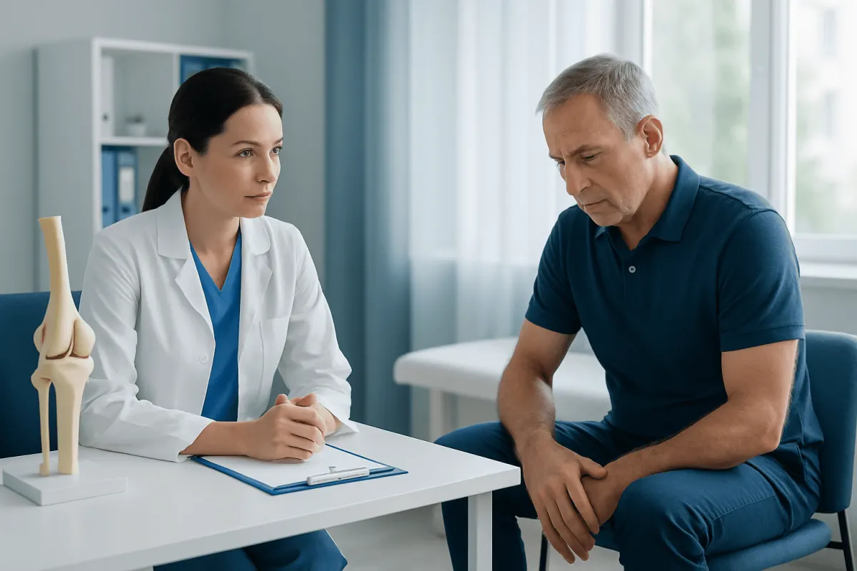 Doctor consulting with patient about orthopedic revision surgery options.