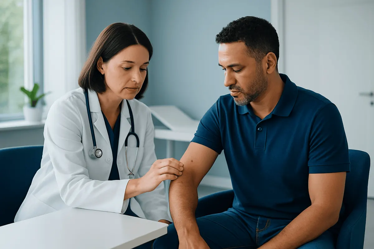 Doctor examining patient's arm in a medical consultation at Acibadem Hospital.
