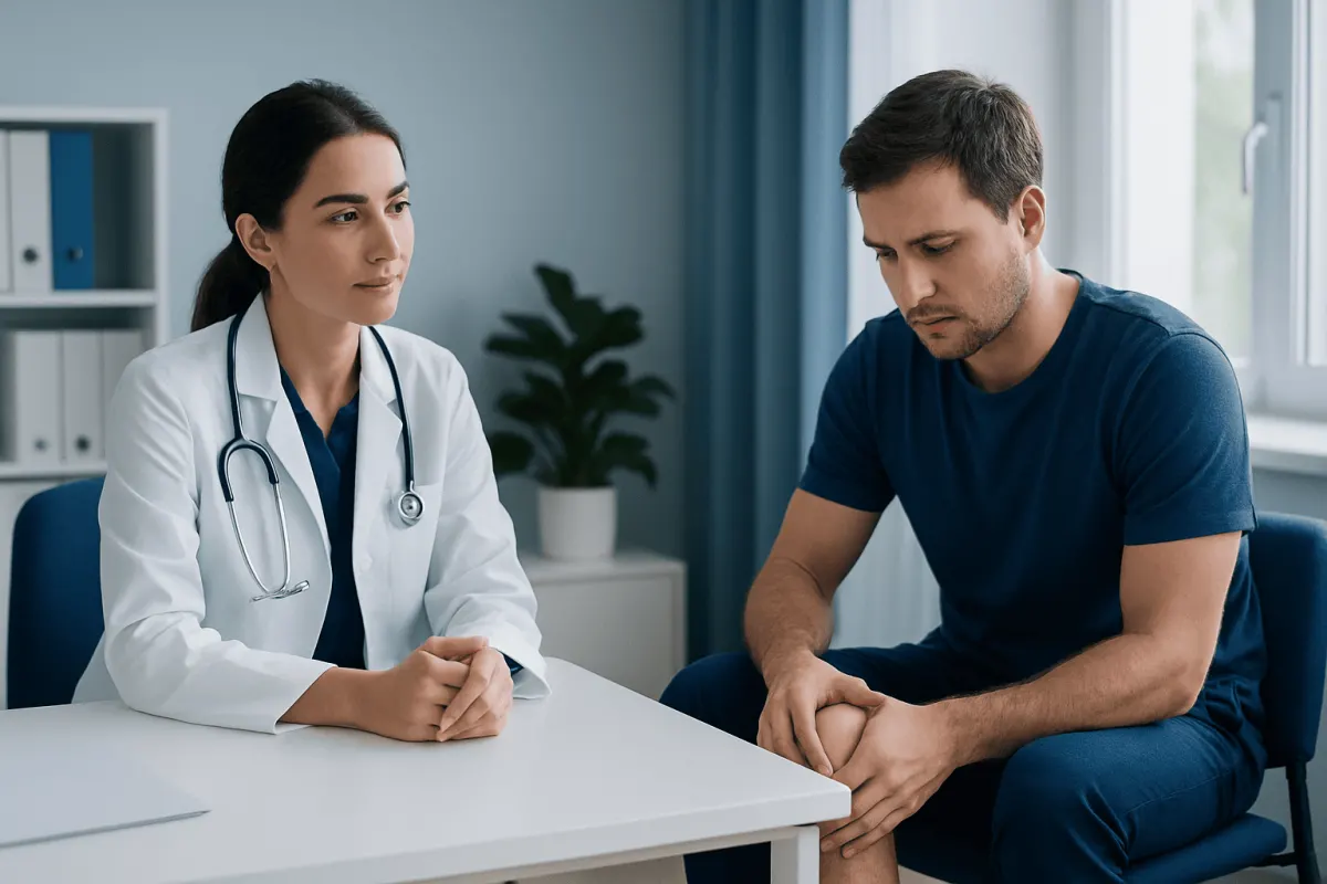 Doctor consulting with patient about knee injury in a medical office.