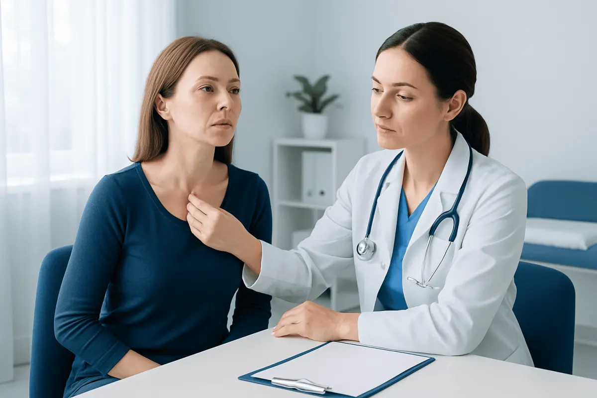 Doctor examining a woman's neck for a lump at clavicle area.