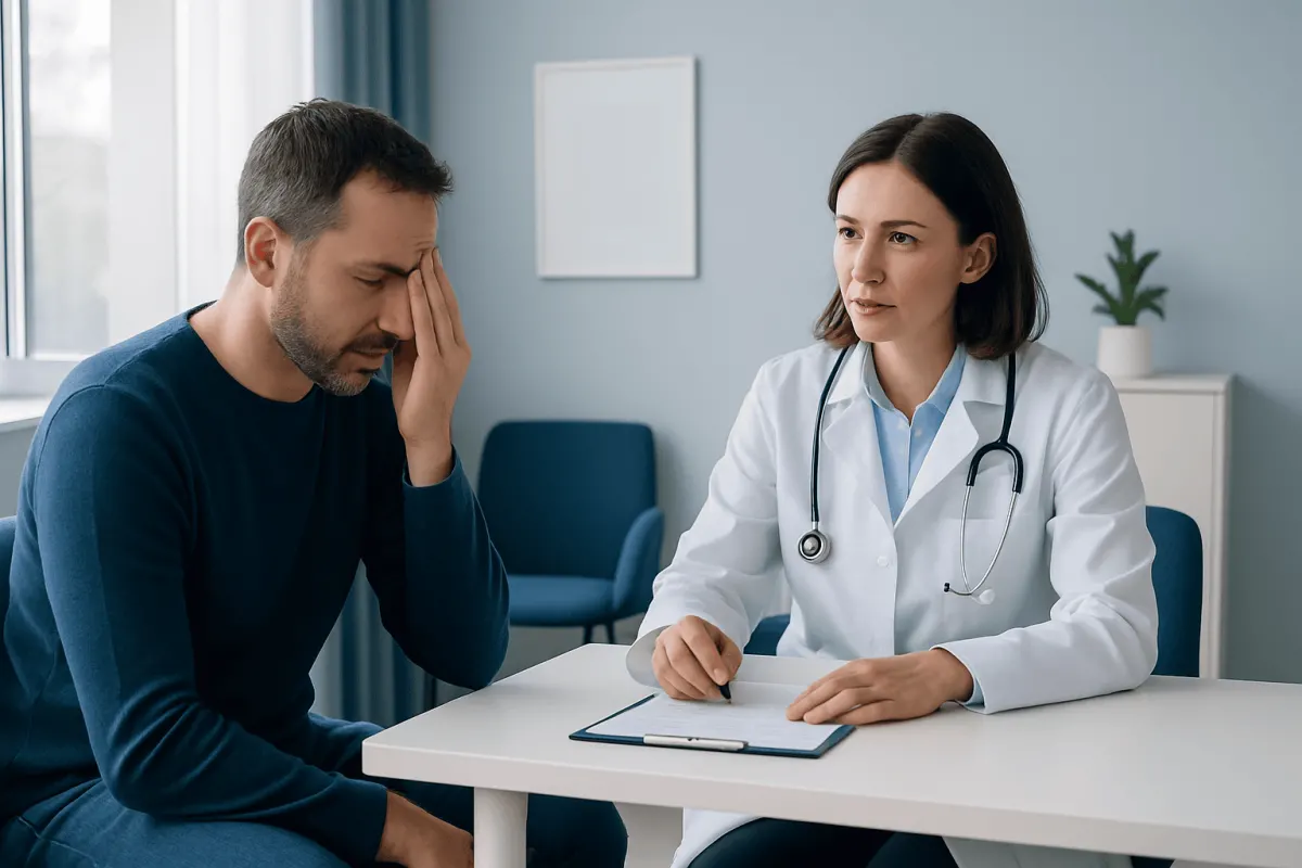 Patient consulting with doctor about eye pain in a medical office.