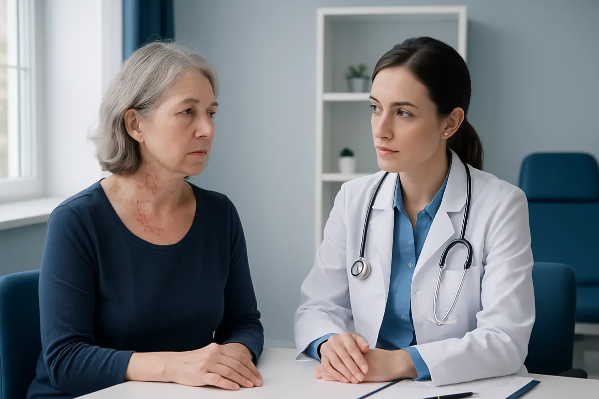 Doctor consulting with an elderly woman in a medical office setting.