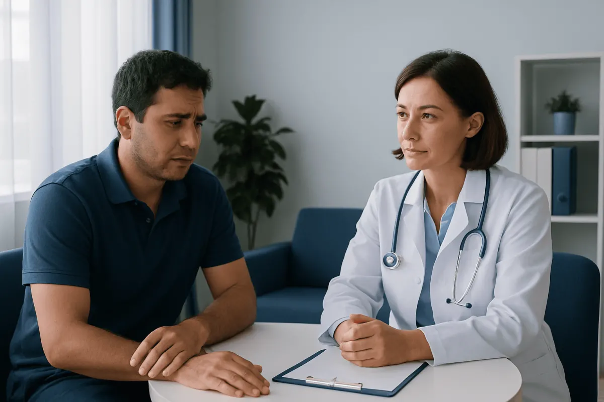 Doctor consulting with a patient about blood sugar levels in a clinic setting.