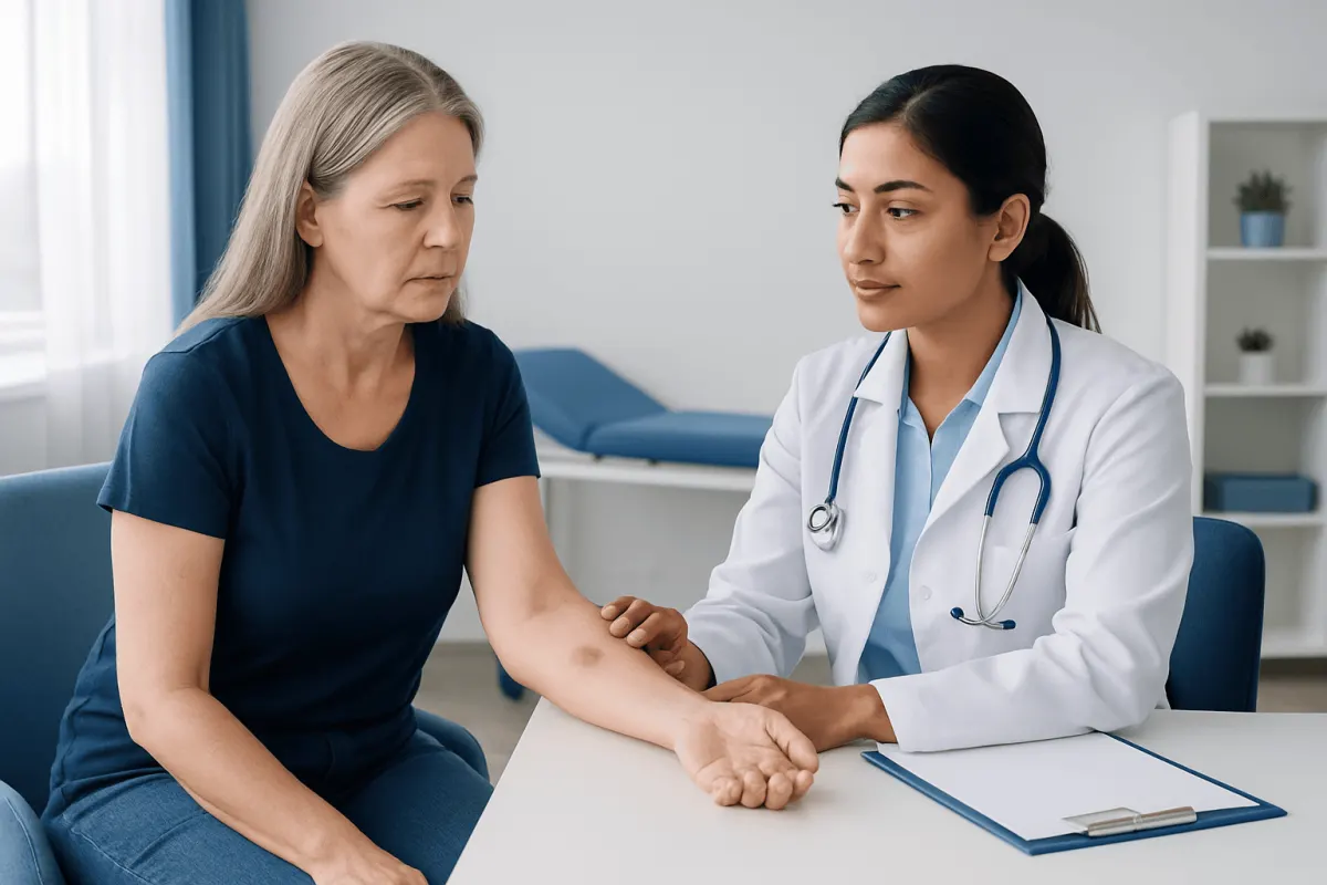Doctor examining a patient's arm in a medical consultation room.