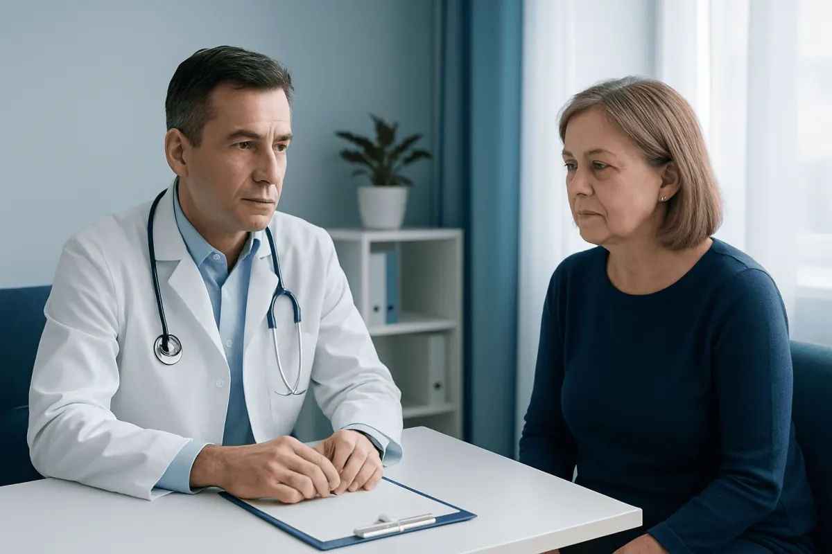 Doctor consulting with a female patient in a medical office.