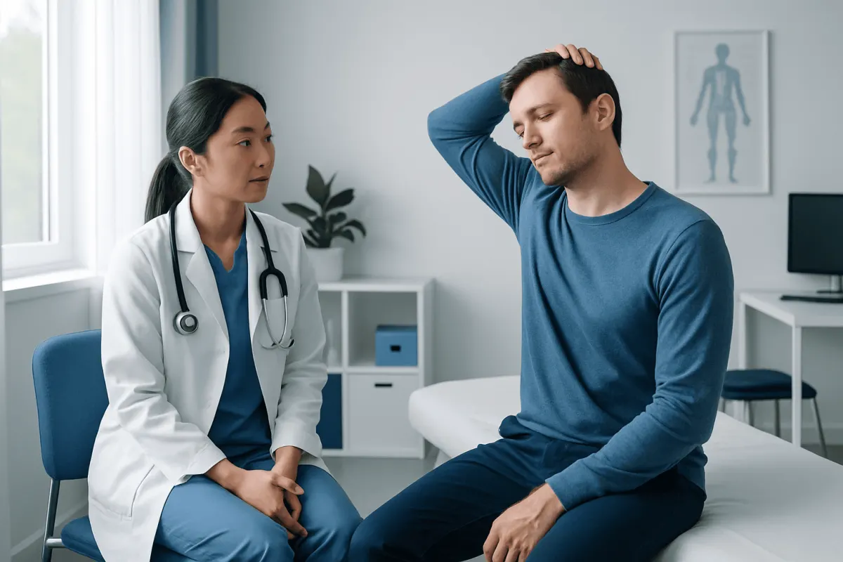 Patient experiencing neck pain during consultation at Acibadem Hospital.