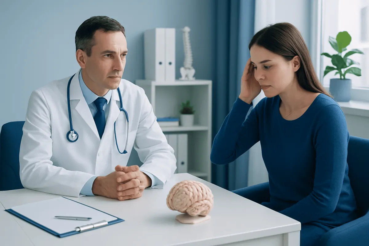 Neurosurgeon consulting with a patient in a medical office.