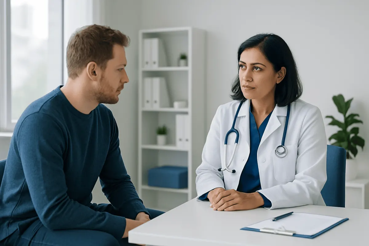 Hematologist consulting with a patient in a medical office.