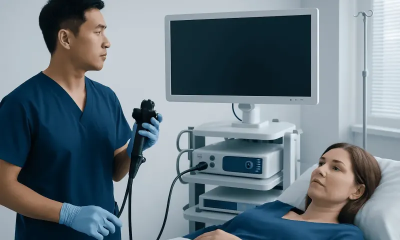 Doctor performing endoscopy on patient in hospital room.