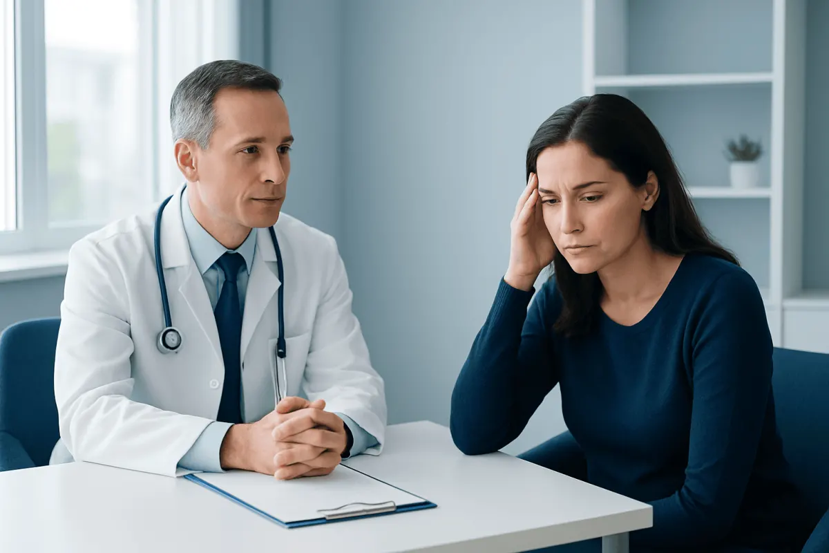 Doctor consulting with a woman patient in a medical office.