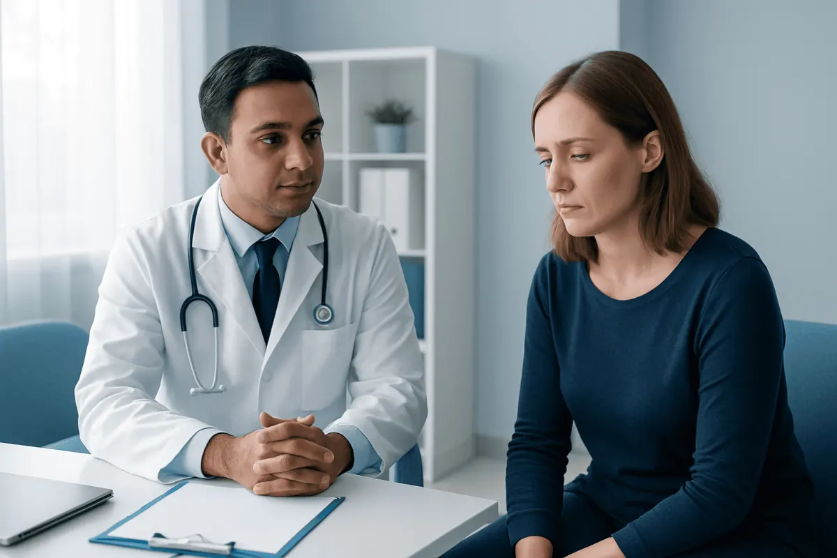 Doctor consulting with a female patient in a medical office setting.