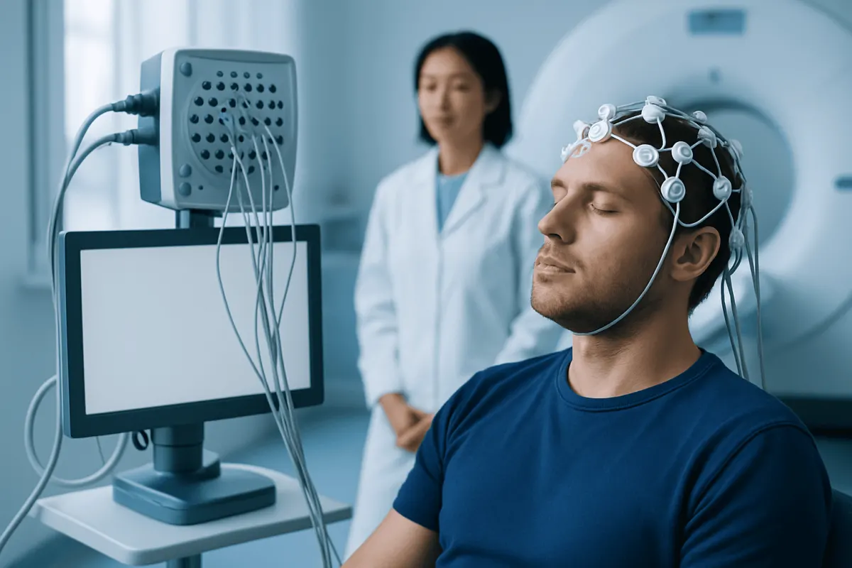 Patient undergoing neurological testing with EEG in a hospital setting.