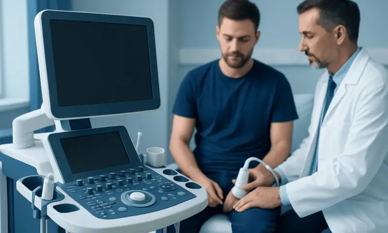 Doctor performs ultrasound examination on male patient in clinic setting.
