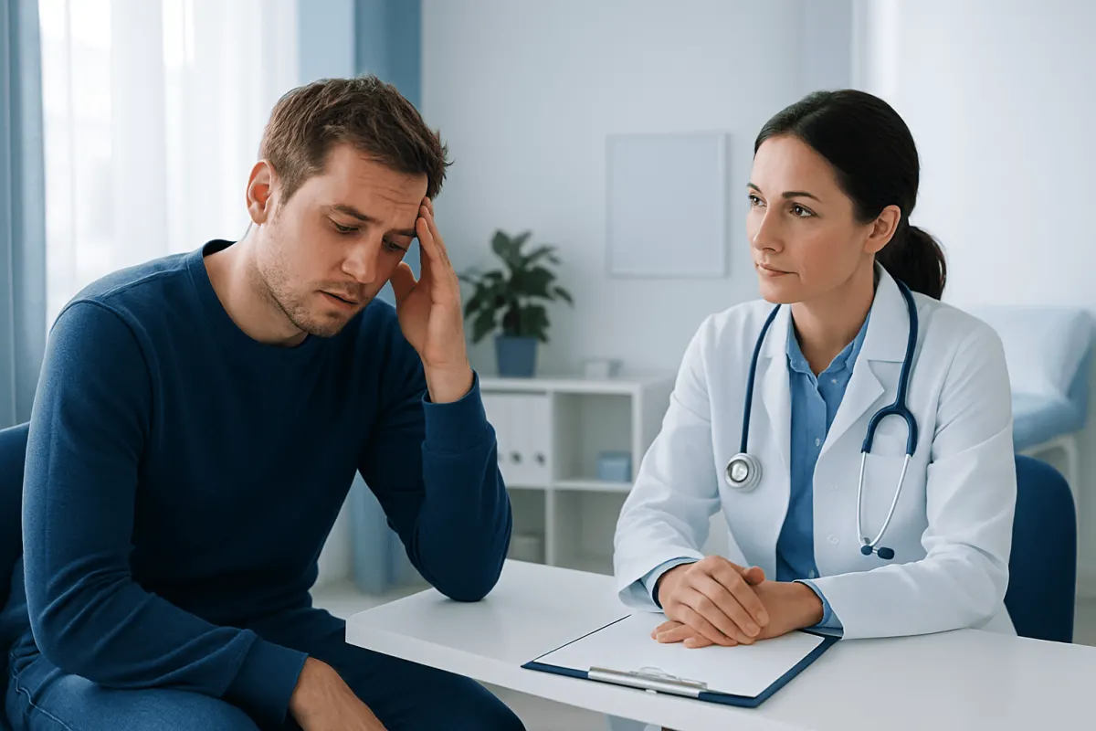 Doctor consulting with a tired man in a medical office.
