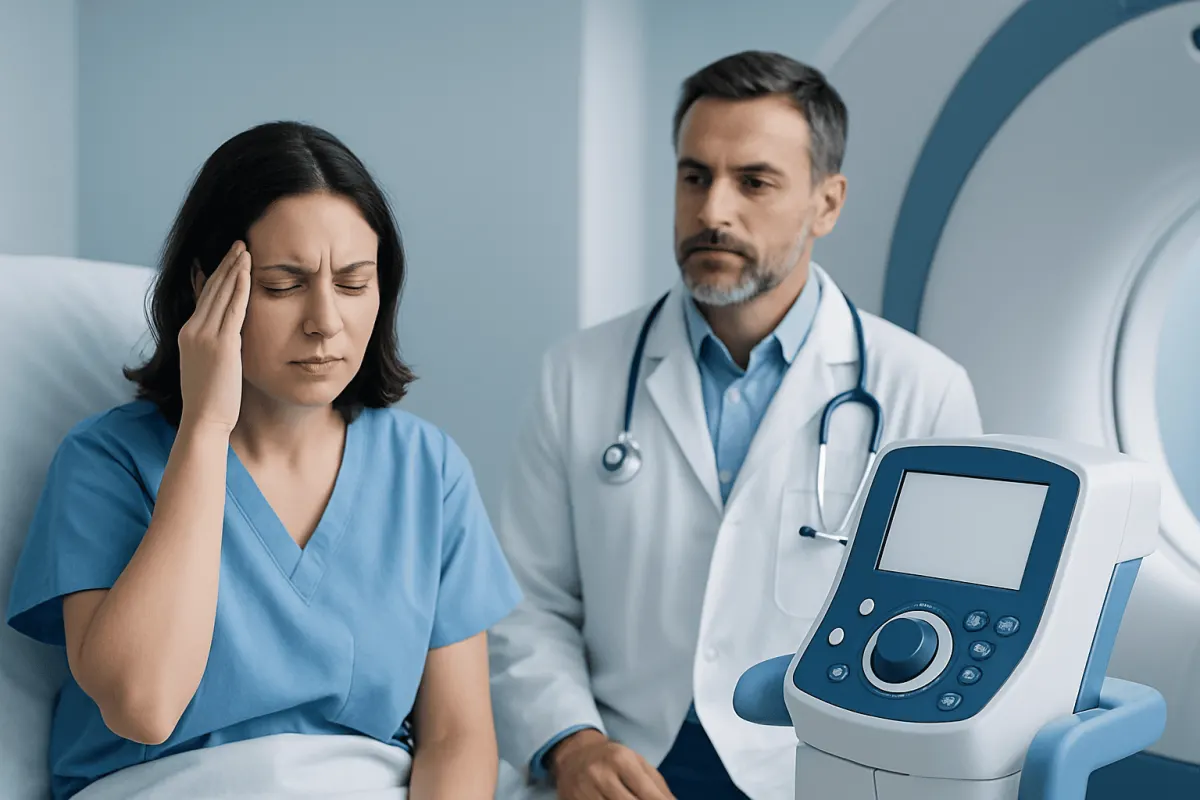 Patient experiencing headache during medical consultation at Acibadem Hospital.